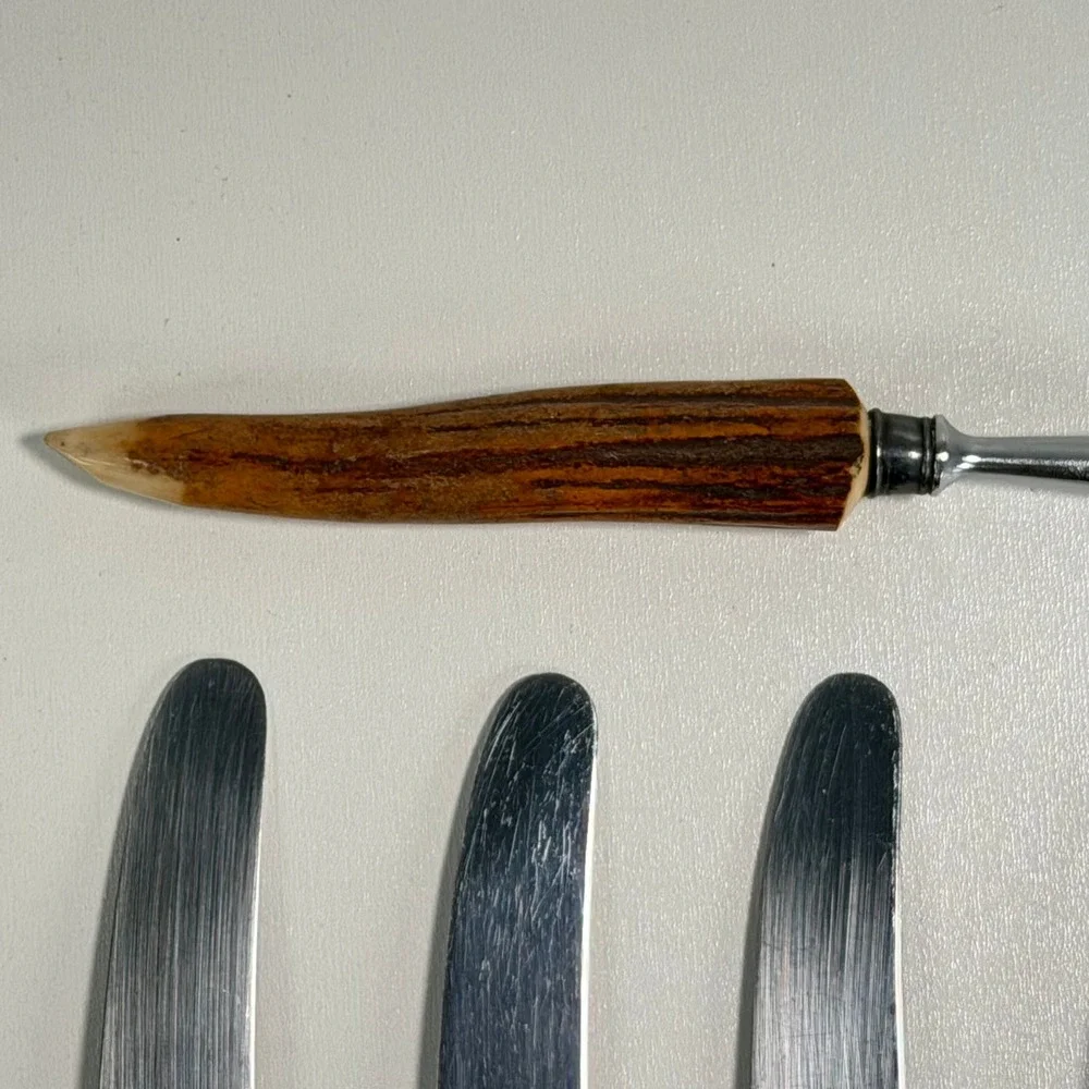 Set of Vintage Latham & Owen Antler Knives with Honing Tool‎ Stainless Sterling